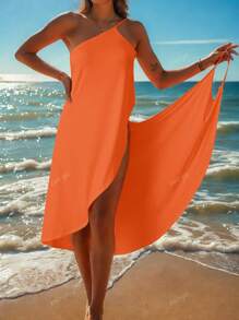 2025 New Solid Color Women Swimsuit Cover Up, Spaghetti Strap Beach Mesh Wrap Mid-Long Dress