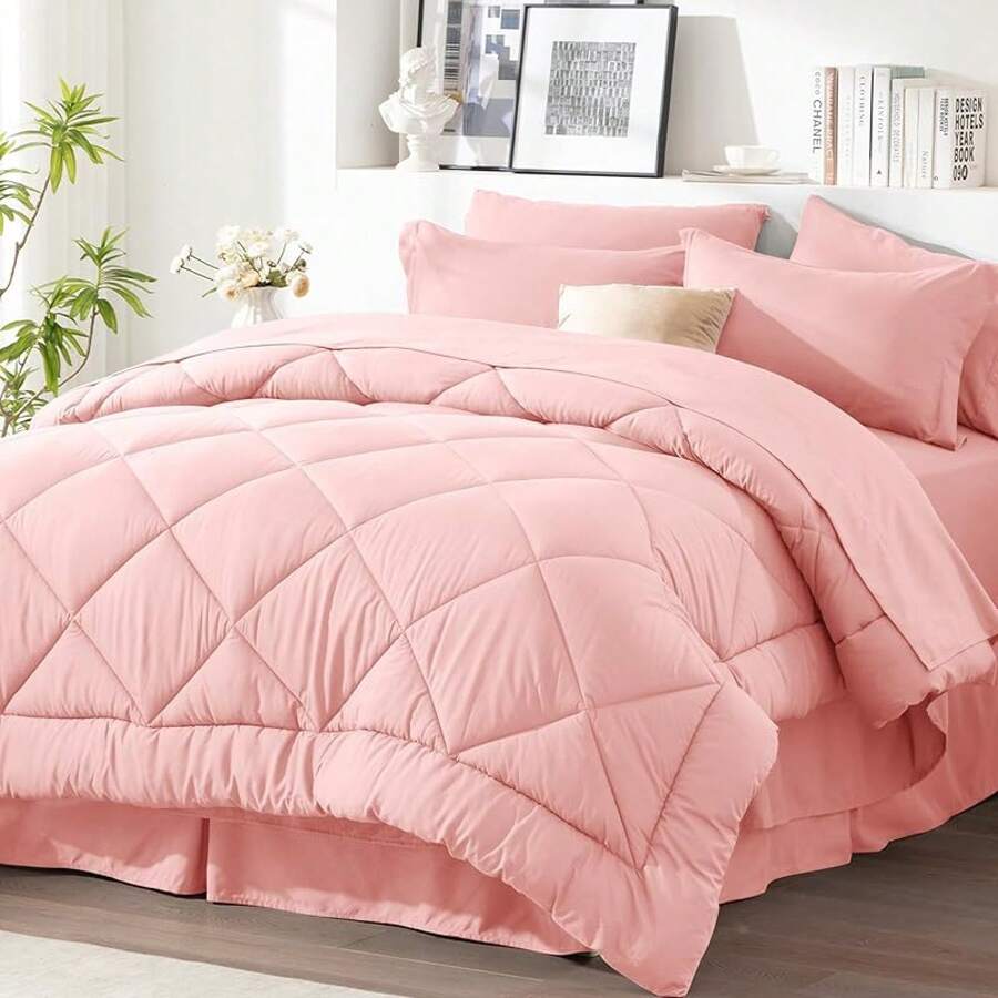 Newspin Queen Bed In A Bag 8 Pieces Comforter Set, Black All Season Bed Set, Queen Bedding Sets With Comforter And Sheets, Pillow Shams, Flat Sheet, Fitted Sheet, Pillowcases And Bed Skirt - 粉色 - 查看 1