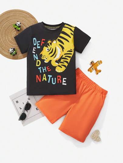 Set de 2 piezas de camiseta de cuello redondo de manga corta y pantalones cortos con estampado de animales de dibujos animados, ropa deportiva de moda para niños para primavera/verano al aire libre