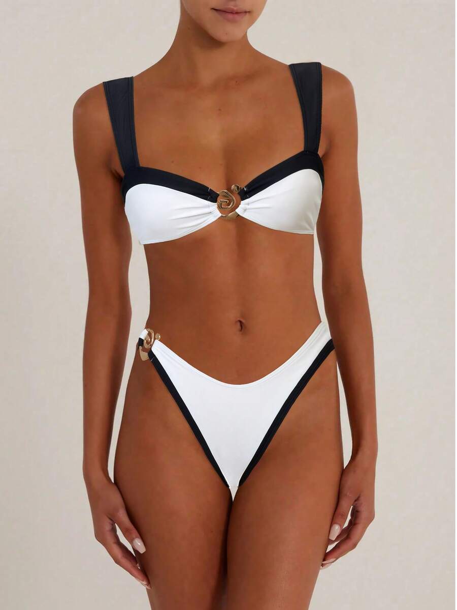 Contrast Color Piping Metal Ring Decor Bikini Swimwear Set - Black and White - View 1