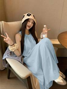 韩版休闲两件套：蓬松背心吊带衫+松紧腰半身裙，优雅 - 藍色 - 查看 2