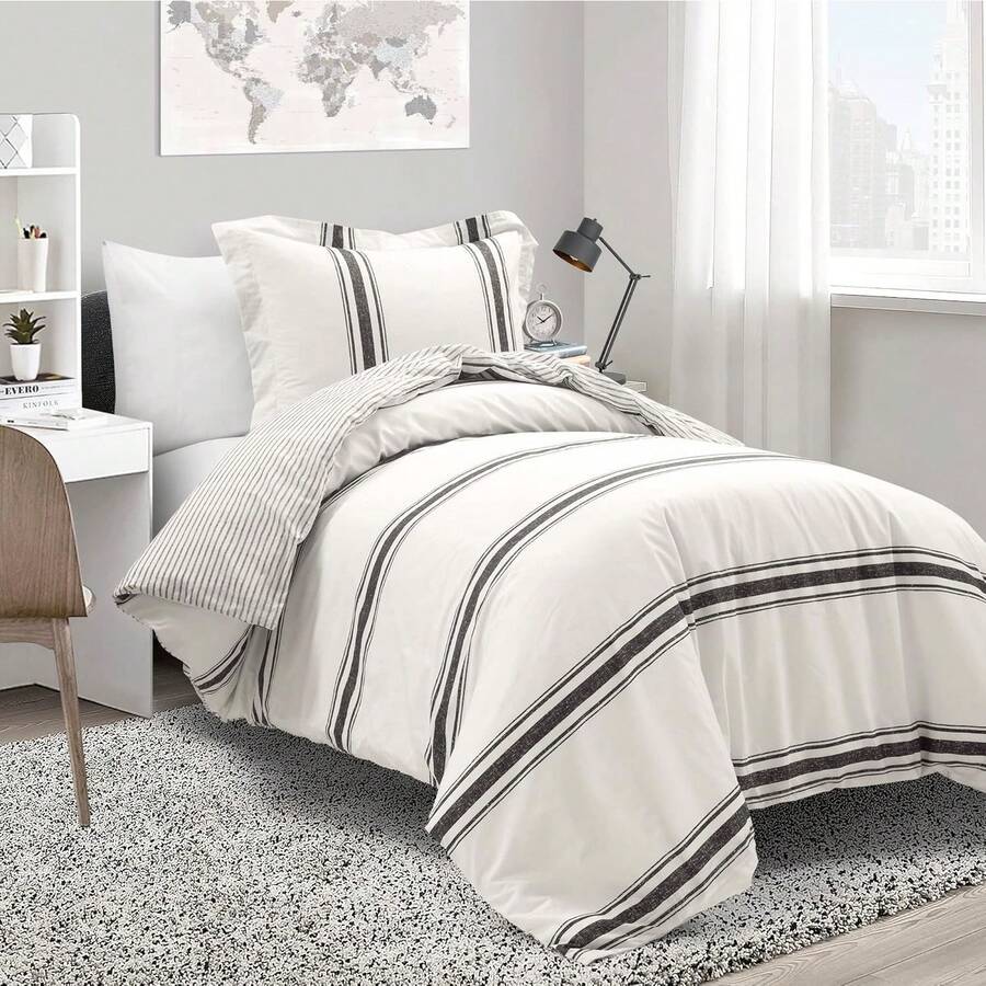Farmhouse Stripe Reversible Cotton Duvet Cover Set, 2 Piece Set, Twin XL, Navy - Twin Bedding Set - Dorm Decor - Striped Duvet Cover For Kids Or Teens - Farmhouse Bedroom Decor - 黑色 - 查看 1