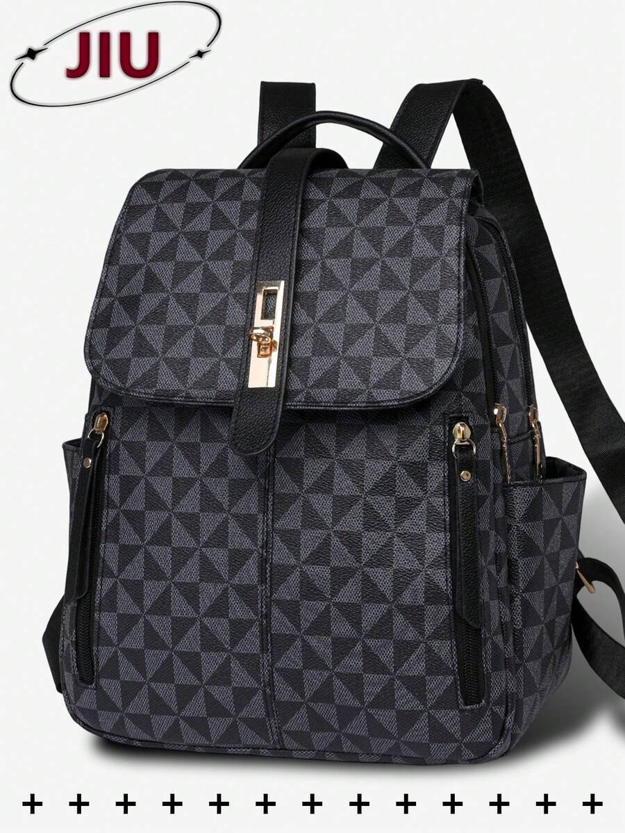 Women's Anti-Theft Geometric Pattern PU Soft Leather Backpack, Multifunctional Fashion Daily Bag, Multi-Pocket Lightweight Travel Bag, Large Capacity Minimalist Bookbag, Convenient Backpack Suitable For Students, Nurses, Teachers, Business Professionals, Travel, Commuting, Shopping, Office, Dating, Hiking, Training, Work, Birthday Gift, Holiday Gift
