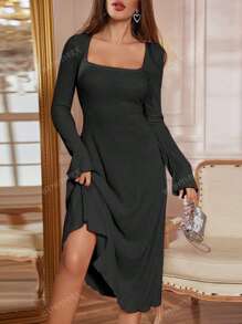 1pc Women Elegant Long Sleeve Bow Tied Square Collar A-Line Dress, Autumn
