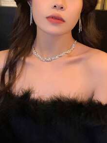 1set Fashionable & Elegant Party Bridal Earrings, Necklace & Bracelet Set - Silver - View 6