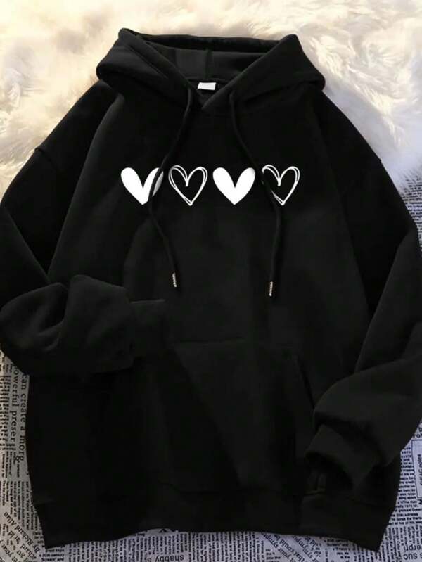 Moleton feminino com capuz flanelado cangurú confortavél desenho coração fofo casual