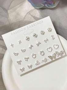 12 Pairs Silver Tone Pastel Butterfly Stud Earring Set, Chic And Simple Zinc Alloy Earrings, Fashionable For Daily Wear, Great Gift For Girlfriend