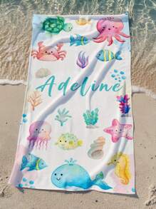 1PC Customized Name Ocean Beach Towels,Water Color,Sea Animal, Custom Name Beach Towel ,Personalized Girls/Boys Beach Towel, Custom Beach Towel For Girls/Boys,Perfect For Outdoor Beach Travel Swimming Gym Yoga, Beach Accessories,Custom Beach Towel For Friends, Multiple Sizes Of Beach Towels To Choose Froml