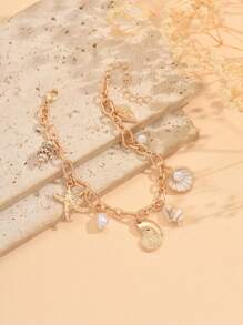 1 pieza Tobillera de estilo vacacional de playa con múltiples colgantes, fashionable joyería de mujer con dije de estrella de mar metálica y concha natural. Adecuado para uso diario, citas, viajes y vacaciones. El tamaño y el patrón de las conchas naturales son aleatorios.