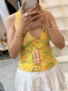 Women Sequin Beaded Halter Tops Y2k Sparkly Sleeveless Hanging Neck Slim Fit Crop Tank Top Summer Backless Low Cut Glitter Cami Vests Shirts Cute Going Out Tops Vintage Aesthetic Clothes Beach Vacation Party Streetwear - Màu vàng - Xem 4