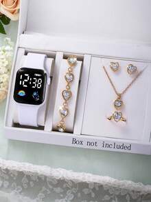 6-In-1 Elegant Girl Square Digital Display, With Rainbow LED Screen, Sparkling Diamond Heart Necklace, Bracelet, Earrings And Ring, Perfect Gift For Parties, Trips, Celebrations, Halloween, Christmas, Back To School, And Gifts For Friends And Family - Multicolor - View 15