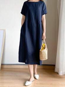Women's Summer Midi Linen Dress Short Sleeve Round Neck Solid Color Beach Dress With 2 Pockets,Summer Dresses For Women,Holidays Dress - Màu xanh hải quân - Xem 2