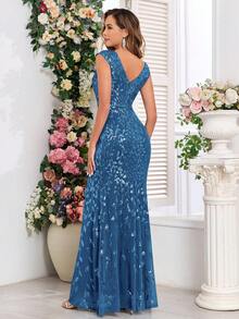 Đầm dạ hội dáng đuôi cá tay ngắn cổ chữ V đính sequin co giãn cao cấp, phù hợp cho phái nữ, dự đám cưới, lễ tốt nghiệp, các dịp trang trọng, tiệc gala, v.v. Tiệc mùa xuân - Màu xanh ngọc - Xem 3