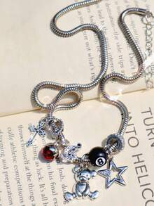 文艺复兴风格 DIY 吊坠项链、黑色 8 球 Y2K 风格千禧吊坠项链、复古熊十字项链、星心项链 - 黑色 - 查看 14