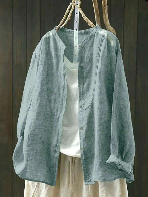 Plus Size Women Stand Collar Shirt, Fashionable For Summer