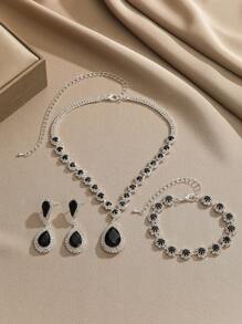 Set de 4 piezas de joyería con colgante en forma de gota de agua, pendientes y pulsera con cristales y rhinestones en diseño geométrico, un accesorio sofisticado y versátil para mujeres, apropiado para uso diario, casual, boda, fiesta, Día de San Valentín y festividades