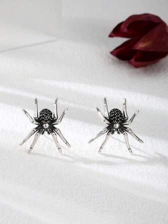 1 Pair 925 Sterling Silver Vintage Style Studded Spider Punk Rock Earrings, Suitable For Daily Wear For Women