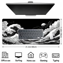 Extra Large Japanese Wave Gaming Mouse Pad - Non-Slip, Washable Rubber Base Desk Mat With Vibrant Black & White Great Wave Off Kanagawa Design, Ideal For Gamers & Professionals, Extra Long & Thick Table Pad, Nonslip Base, Fabric Top