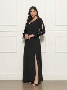 FASHION MIX PREMIUM Elegant Long Dress With Slit Long Sleeves With Tie With V-Neckline And Waist Adjustment Plus Size Women's Fits 38 To 44 - 黑色 - 查看 3