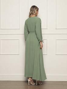 FASHION MIX PREMIUM Elegant Long Dress With Slit Long Sleeves With Tie With V-Neckline And Waist Adjustment Plus Size Women's Fits 38 To 44 - 薄荷綠 - 查看 4