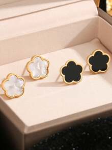 2 对优雅黑白金属三叶草和花朵耳钉，女士休闲配饰，情人节礼物，婚礼时尚珠宝 - 黑與白 - 查看 7