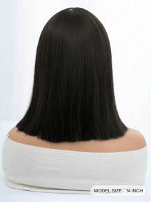 1-Piece Synthetic Heat Resistant Straight Hair Bangs Wig Black Oak 14 Inches Full Machine Weave Daily Natural Realistic Wig