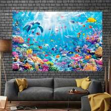 2D Underwater Fantasy Photography Backdrop - Sea Turtle, Fish & Coral Pattern | Multipurpose Polyester Fabric Banner, Suitable For Birthday Parties, Cake Table Decorations, And Summer Events