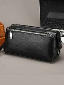 全新男士手提包大容量商务手拿包黑色 PU 皮革长钱包多口袋手机包 - 黑色 - 查看 1