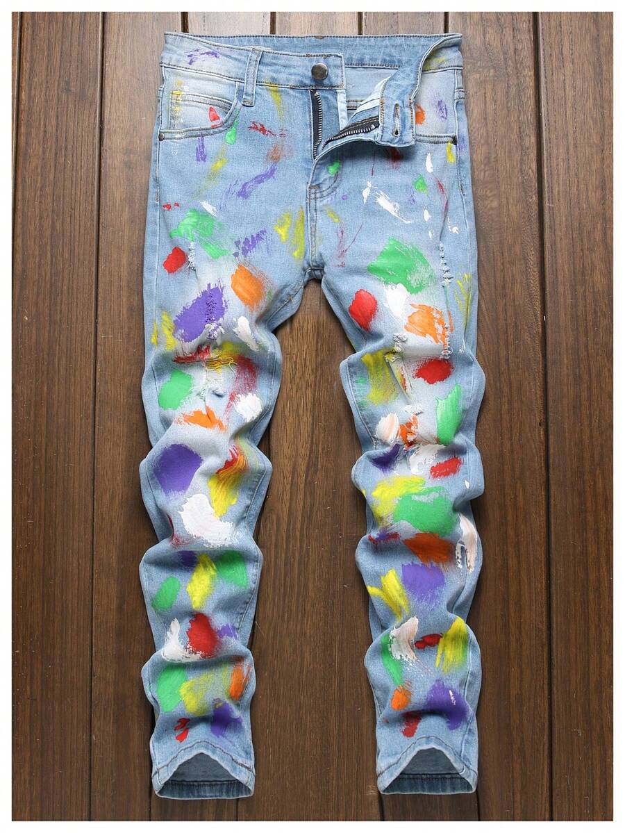 Tween Boys Casual Colorful Graffiti Print Jeans,Fashion Stretch Slim Fit Denim Pants,Hip Hop Ripped Jeans For Boys,Light Blue Jeans,Soft Comfortable  Long Pants For Kids/Young Boys,To 8-16 Year Old Size - Màu xanh lam - Xem 1