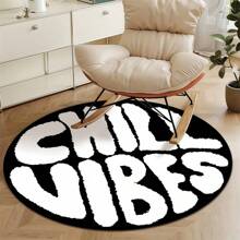 1pc Black & White "Chill Vibes" Letter Print Round Rug, Fine Yarn Faux Wool Texture, Rubber Non-Slip Backing, Suitable For Indoor, Bedroom, Bedside, Living Room, Office Decor, Soft & Comfortable, Fashionable Home Decor, Exquisite Gift, Holiday Decoration, Machine Washable
