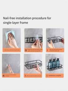 1pc Iron Storage Rack With Hook, Multifunctional Black No Perforation Wall Mounted Corner Storage Rack For Bathroom