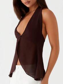 Women Y2k Sheer Mesh Halter Top Sleeveless Split Asymmetrical Hem Flowy Tank Backless V-Neck See Through Cami Shirt - 咖啡棕 - 查看 2