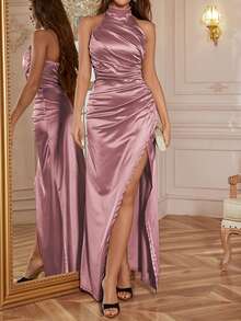 WOWDARK Summer Dress, Solid Pink Color Sleeveless Halter Neck Slit Elegant Party Dress For Women, Suitable For Valentine's Day, Dates, Gatherings, Parties, Travel, Vacation, Beach And More - Baby Pink - View 2