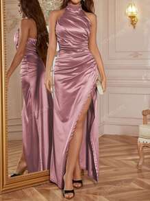 WOWDARK Women's Autumn Sleeveless V-Neck Slit Slim Fit Formal Dress,Party Dress,Cocktail