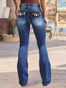 Women's High - Waisted Flared Blue Denim Jeans | Stretch, Embroidered Decorative Back Pocket, Body - Hugging, Retro - Inspired, Versatile - Dark Wash - View 2