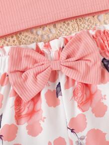 Conjunto de top de camisola sin mangas con volantes + pantalones cortos con estampado todo sobre de girasol y decoración de lazo para niñas jóvenes