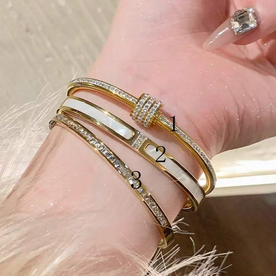 奢华不锈钢手链,镶嵌方晶锆石和贝壳设计,优雅女士珠宝 - 金黃 - 查看 1