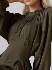 French Solid Color Loose Pleated Round Neck Waist Tie Long Dress - Army Green - View 4