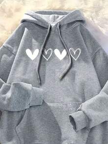 Women's Flannel Kangaroo Hoodie Comfortable Cute Heart Design Casual Sweatshirt - Xám - Xem 2