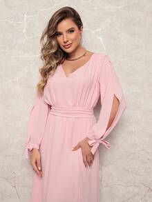 FASHION MIX PREMIUM Elegant Long Dress With Slit Long Sleeves With Tie With V-Neckline And Waist Adjustment Plus Size Women's Fits 38 To 44 - 淺粉色 - 查看 7