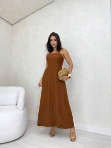 Long Dress Simple Elegant Casual Button Split Side Slit Women Wedding - 鏽棕色 - 查看 2