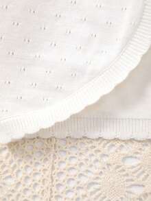 Girls Solid Color Knit Short Sleeve Cardigan, With Delicate Lace Trim At Collar, Cuffs, And Hem, Perforated Design, Ideal For Summer Beach Wear - Beige - View 5