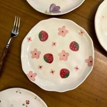 1pc Ins-Style Handpainted Asymmetrical Ceramic Plate, Cute Cartoon Cherry Heart Plate, Dessert Snack Dish, Afternoon Tea Cake Plate, Western Dinnerware, Steak Pasta Plate, Fruit Salad Plate, Holiday Gift For Family & Friends