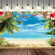 1pc Vibrant Hawaiian Beach Backdrop - Tropical Flower Palm Design, Durable Polyester Material, Perfect For Indoor & Outdoor Photography, Hawaiian Party Theme Decorations, Multipurpose Use