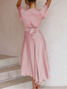 Women's Solid Color Deep V-Neck Knotted Ruffle Hem Short Sleeve Sexy Dress - Pink - View 2
