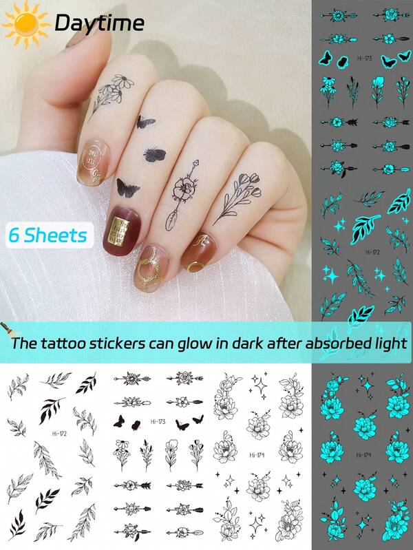 6 قطع ملصقات وشم مؤقتة سوداء ملونة بالزهور رقيقة الرسوم البيانية تضيء في الظلام وعاكسة للماء، تصميم أسود بسيط للرجال والنساء، للذراع