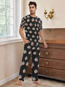 [DIY] Customized Men's Short Sleeve Pajama Set, Personalized With Portrait Photo, Novelty Gift, Big Head Photo/Portrait Replacement, Lightweight Breathable Quick-Dry Comfortable Fabric, Gift For Friends/Partner/Lover, Party/Birthday/Christmas