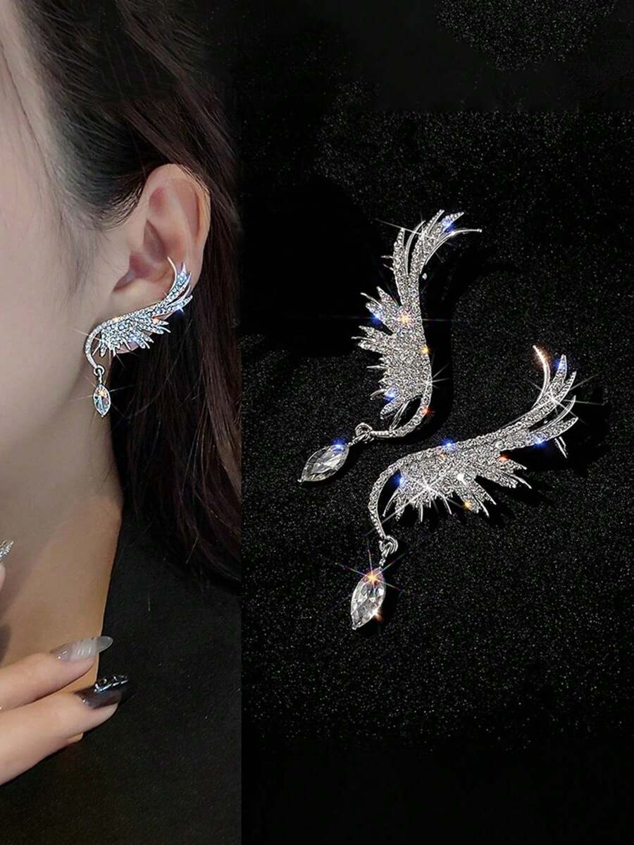 2 buc Cercei cu clips cu aripi de înger din cristal, stil coreean, cătușe elegante și strălucitoare cu aripi de cristal, cercei de lux cu stras pentru mireasă și nuntă pentru femei