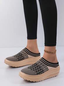 Zapatillas de suela gruesa con diseño juvenil de color contrastante y sin cordones - Zapatos de malla transpirable antideslizantes, adecuados para trotar y caminar al aire libre