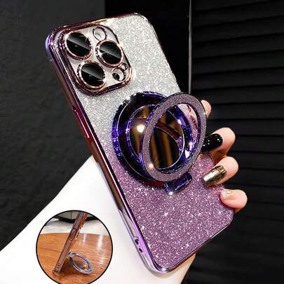 奢华电镀手机壳，带磁吸指环支架和镜子，镶钻闪粉，Y2K风格，时尚硅胶防震软壳，兼容 16/16E/15/14/13/12/11/X/XS/XR/8/7 Plus/Pro/Max/Mini，兼容Galaxy S24/S25 Ultra，兼容小米、红米、荣耀、OPPO Reno、摩托罗拉、Infinix，女士2025款，防水、防震、防刮。
